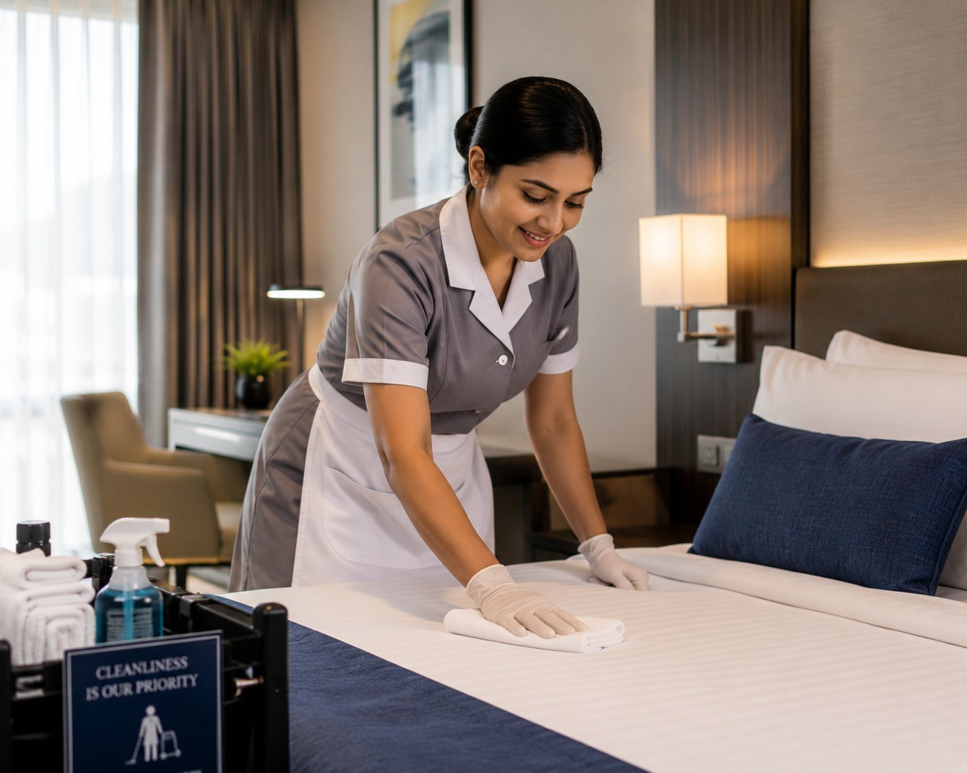 Housekeeping staff preparing a hotel room